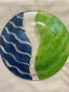 Kosta Boda Blue and Green Glass Decorative Plate Tonga Pattern